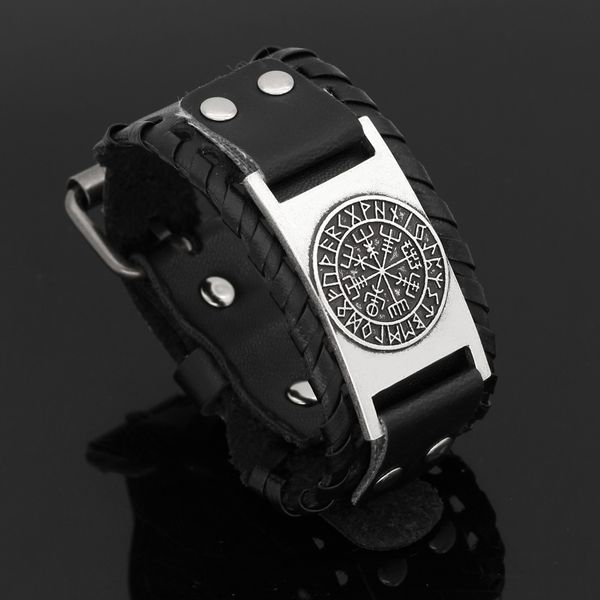 

bangle nodic viking vegvisir compass leather amulet odin symbol bracelet -adjustable size 19-25 cm, Black