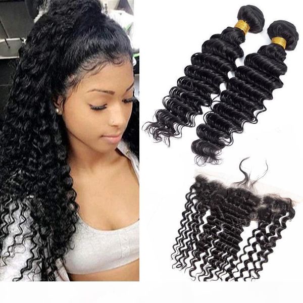 

brazilian virgin hair extensions 2 bundles with 13x4 lace frontal 3 pieces lot deep wave hair products 8-30inch bundles with 13 by 4 frontal, Black;brown