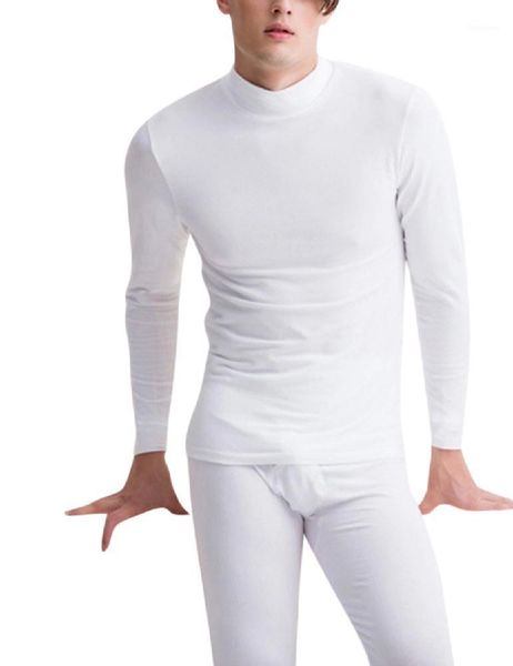 

missky men's thermal underwear 2pcs mock neck pajama set winter solid warm thick brushed thermal underwear set1, Black;brown