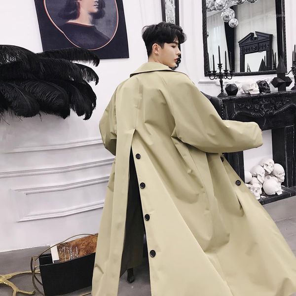 

xiu luo new fashion vintage fashion casual loose long trench coat male japan style windbreaker cardigan jacket spring overcoat1, Tan;black