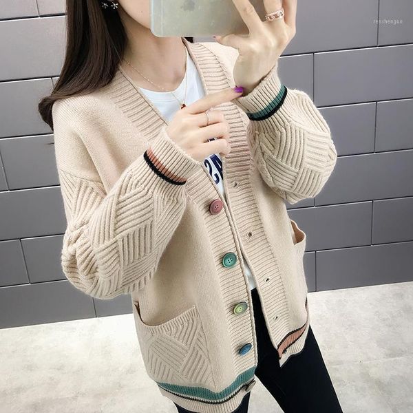 

2020 autumn winter women knitted jacket loose long sleeve cardigan women's with single breasted pocket cardigan female sweater1, White
