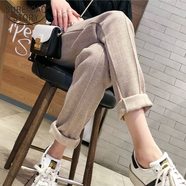 

autumn winter thicken pants women elastic waist striped woolen female pencil pant elegant warm long trousers femme 7930 50 y200418, Black;white