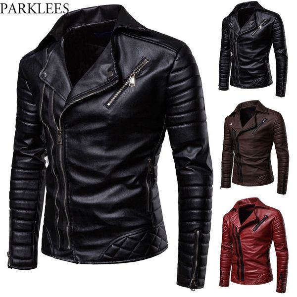 

obique zipper motorcycle leather jacket men stylish striped winter windproof casaco masculino pu leather jackets coats mens 201026, Black