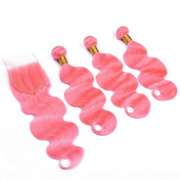 

light pink virgin malaysian body wave wavy human hair weave bundles with 4x4 lace closure piece pure pink virgin hair wefts with closure, Black;brown