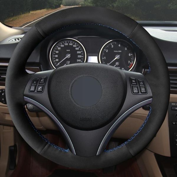 

car steering wheel cover hand-stitched diy black suede for e90(sedan) e91(touring) e92 e93 x1 e84 e87 e81 e82 e88