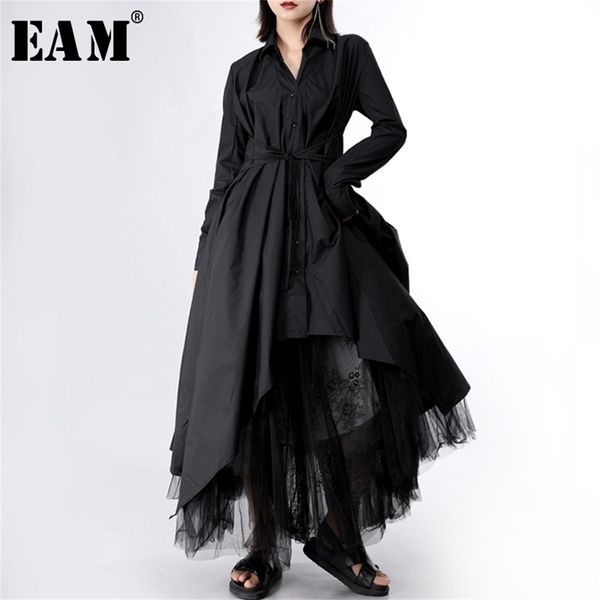 

[eam] new spring autumn lapel long sleeve button bandage stitch pleated irregular shirt dress women fashion tide lj200810, Black;gray