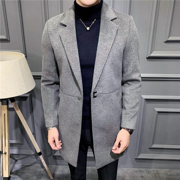 

winter new woolen coat men's medium length suit slim fitting woolen windbreaker korean casual coat for men, Black
