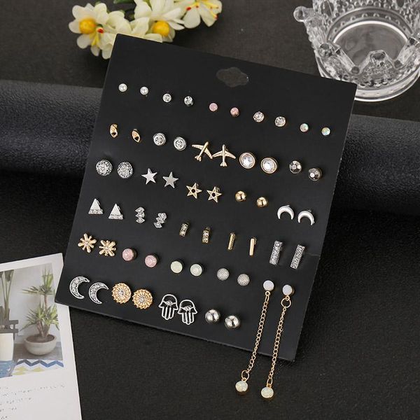 

stud 30 pairs/set fashion small mixed gold moon star earrings for women elegant pearl rhinestone wedding earring gift, Golden;silver