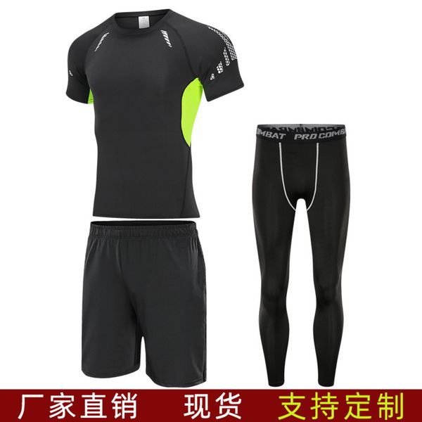 

suit summer fitness men's quick drying sports tights basketball elastic pants short sleeve three piece set, Gray