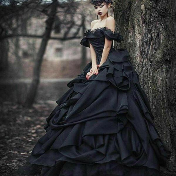 

black gothic wedding dresses a line off the shoulder satin tiered skirts vintage wedding gowns chic custom made vestido de novia, White