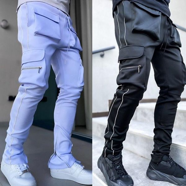 

2021 men multi-pocket zipper sport reflective pants night running skinny pants training gym men pencil joggers slim1, Black