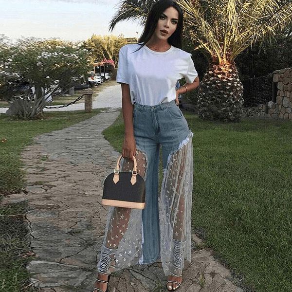 

women's jeans women wide leg pants sheer mesh star print splice denim high waist casual loose fashion party1, Blue
