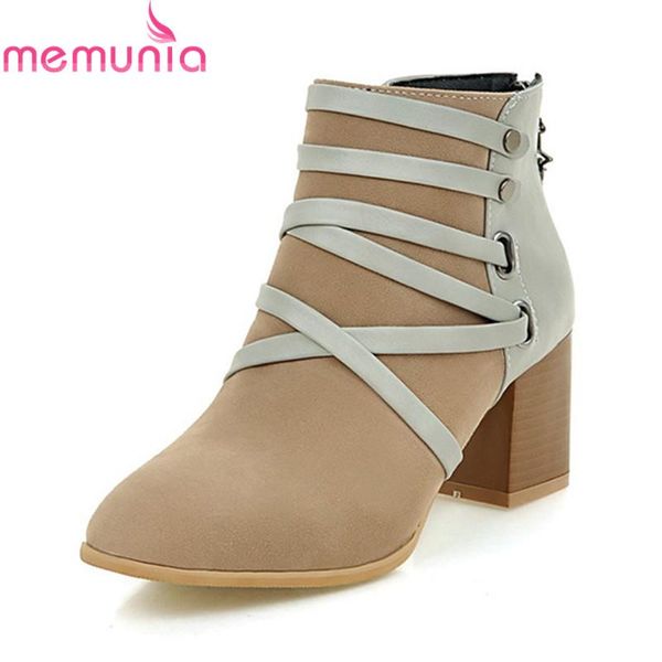

boots memunia 2021 arrival pu leather square toe cross tied ankle for women apricot black med heels wholesale