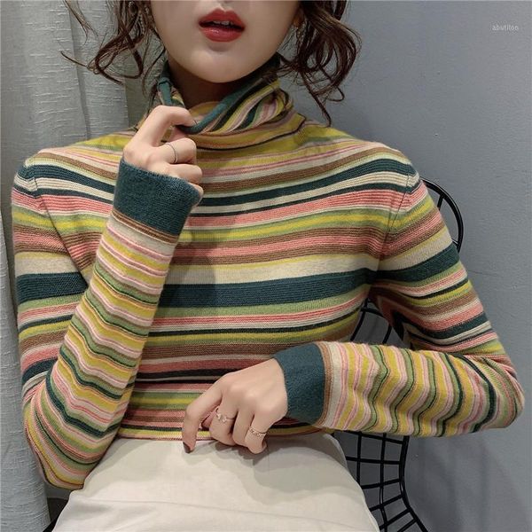 

women's sweaters 2021 women's winter wear color-blocking striped high-neck knitted sweater with a foreign-style bottoming shirt y1, White;black