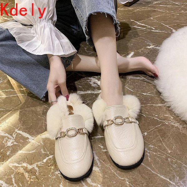 

metal chains leather flats winter loafers women shoes winter warm mules celebrity fur flat creepers soft heel moccasins mujer, Black