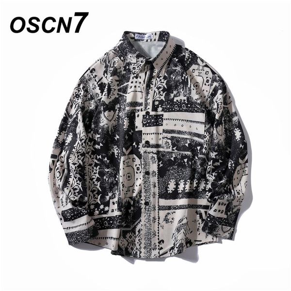 

oscn7 casual printed long sleeve shirt men high high streetwear 2020 fall women shirt retro shirts harujuku mens 1108, White;black