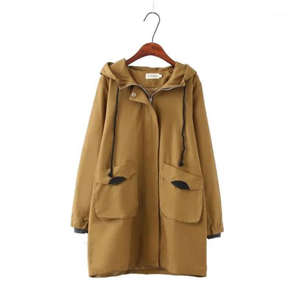

plus size xl 4xl women's hooded windbreaker 2020 spring autumn korean loose wild show medium long hooded trench coat for women1, Tan;black