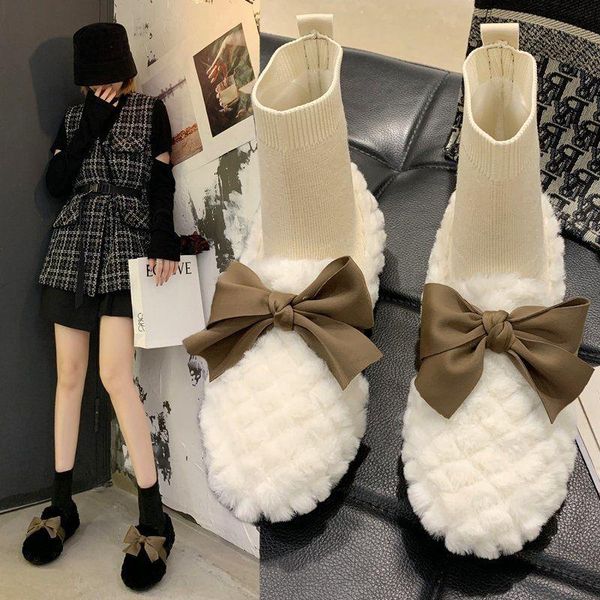 

2020 new winter women stretch socks snow boots girls sweet bowknot warm cotton boots student non-slip short cotton shoes, Black