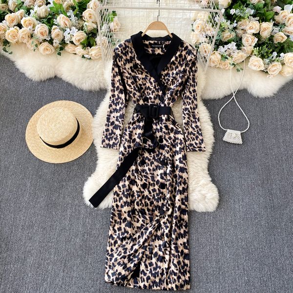 

2021 new singiny retro leopard print ladies'dress neck long banners thin autumn fashion streetwear dress 016t, Black;gray
