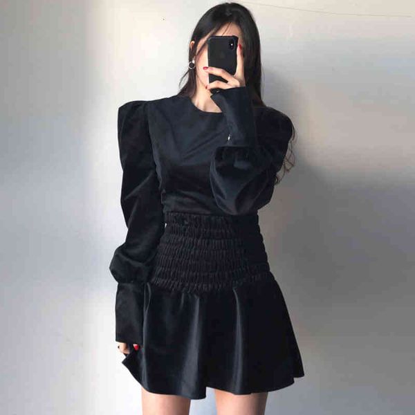 

Vintage Dress Korean Ins Fashion Chic O-neck Pleated Ruffled Puff Sleeve Spring Autumn Short Velvet Dresses, Black;gray