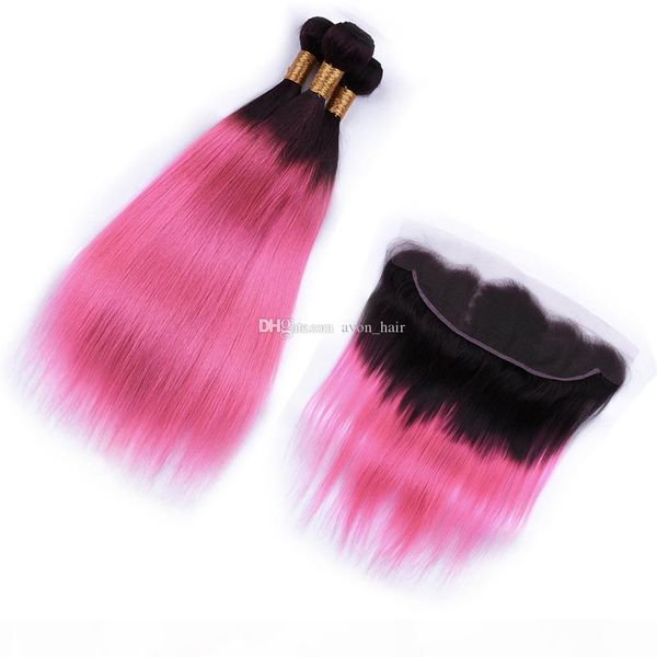 

dark roots 1b pink hair 3bundles weaves with frontal 13x4 ombre colored pink silky straight hair extension with frontal 4pcs lot, Black;brown