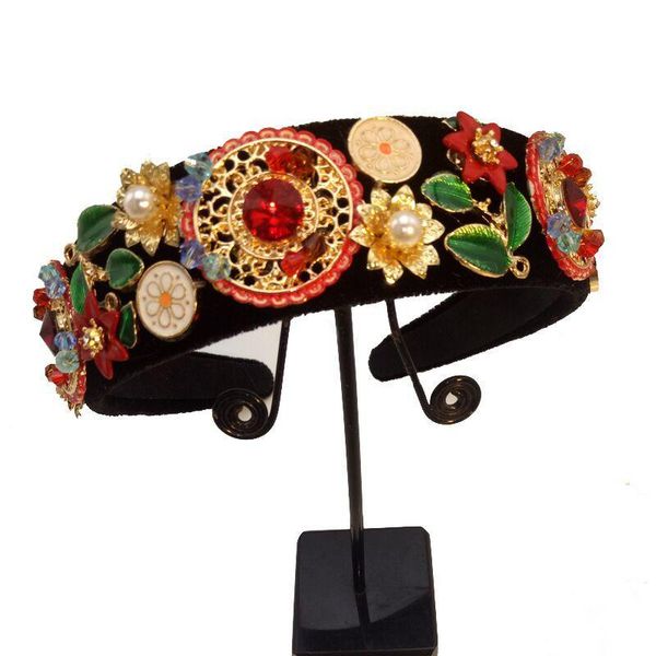 

new limited edition baroque multicolor flowers crown handmade tiara crystal wide headbands wedding hair jewelry gift for women, Golden;silver