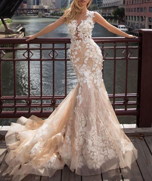 

champagne mermaid wedding dresses lace appliques illusion bridal gowns custom made chic beach wedding dresses vestido de novia, White