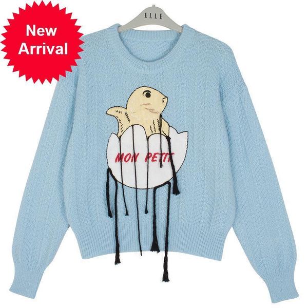 

new autumn 2021 female fashions blue women's sweaters the-neck long cute little yellow collared chicken pullovers zyss, White;black