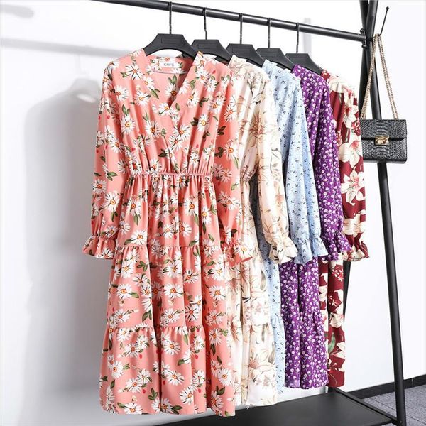 

women chiffon dresses 2020 new spring summer fashion v neck long sleeve floral printing high waist vintage causal dress vestidos, Black;gray