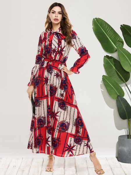 

new arrival spring summer floral printed polyester plus size dress long sleeve lapel neck casual dress, Black;gray