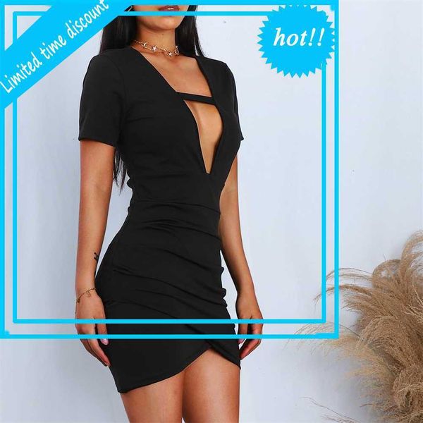 

women short mouths elegant black fashion v-neck tight solid casual mini dresses women's bodycon dress