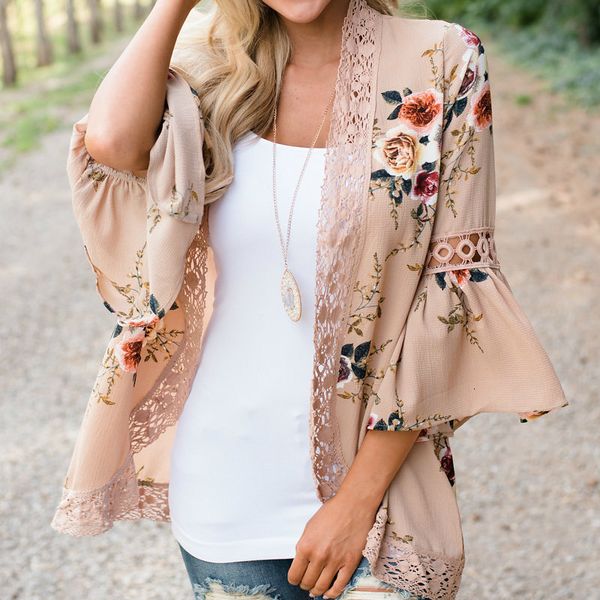 

3xl women's shirt autumn chiffon coat plus size open stitch loose coats bohemian beach lace stitching flare sleeve jackets, Black;brown