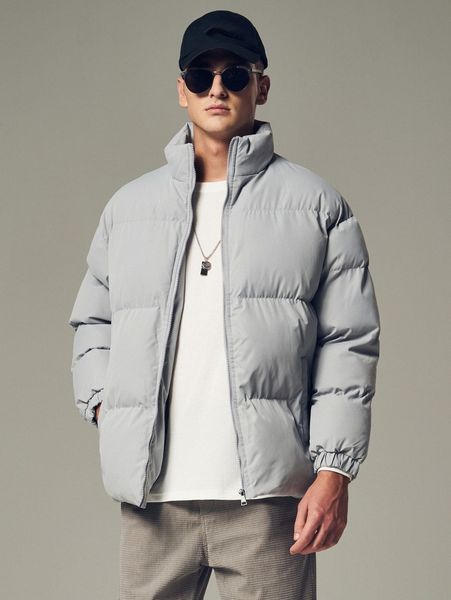 

men solid zipper front puffer coat f4aj#, Black;brown