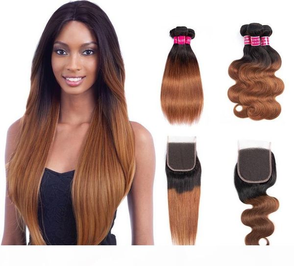 

8a human hair bundles with closures 4*4 lace handmade 100% brazilian virgin hair weaves double weft body wave straight style ombre 1b 30, Black