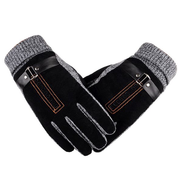 

men' leather winter mittens anti slip screens thermal glove hand warmer woolen gloves for ggants homme hiver, Blue;gray
