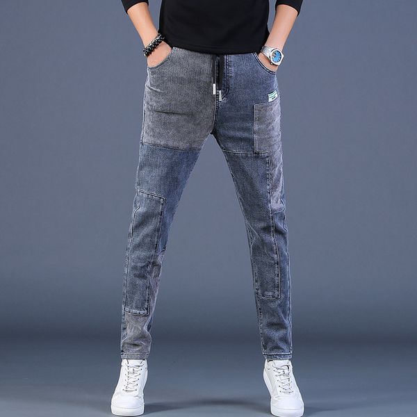 

2021 new fashion streetwear men jeans vintage retro elastic corduroy spliced designer denim harem trousers patchwork hip hop pencil pants j5, Blue