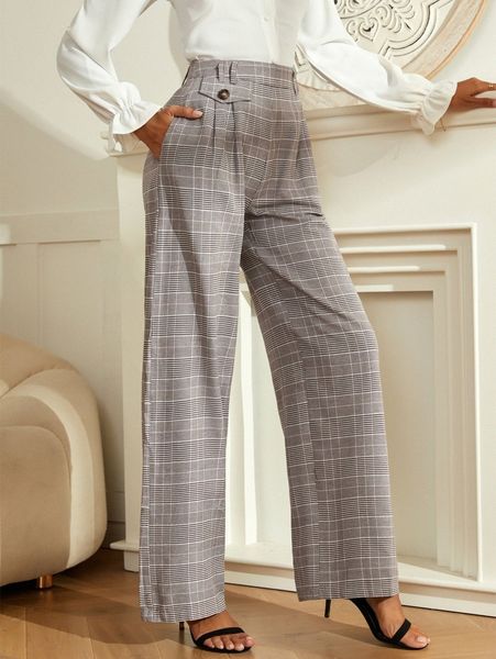 

high waist glen plaid slant pockets pants u8wr#, Black;white
