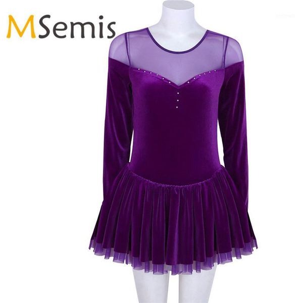 

stage wear women leotard ballet dress winter long sleeve velvet figure skating dance gown gymnastics for women1, Black;red