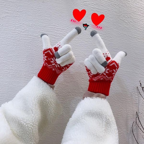 

five fingers gloves christmas cashmere knitted women autumn winter warm thick touch screen skiing, Blue;gray
