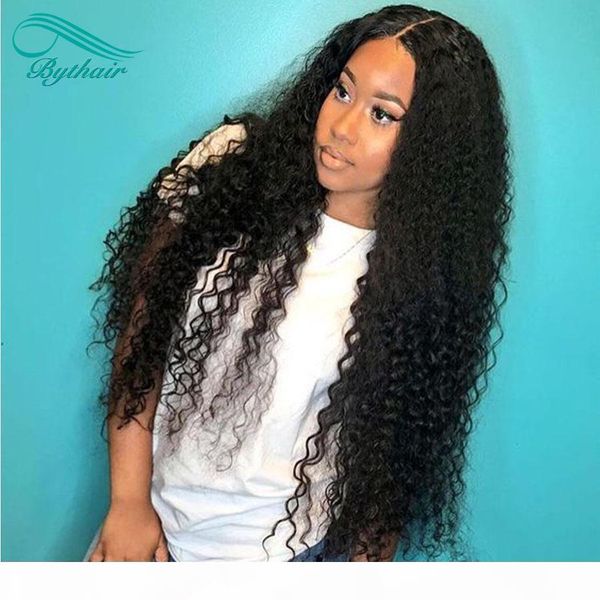 

bythair 13x6 deep part pre plucked long deep curly lace front human hair wigs with baby hairs for black women, Black;brown