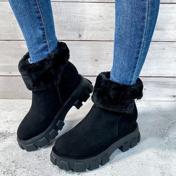 

women's winter ankle boots flock platform snow ladies plush sneakers casual flat shoes woman footwear rubber botas mujer, Black