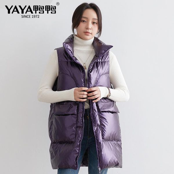 

yaya autumn winter duck down vest ladies casual waistcoat female sleeveless long vest jacket slim fit warm simple coat, Black