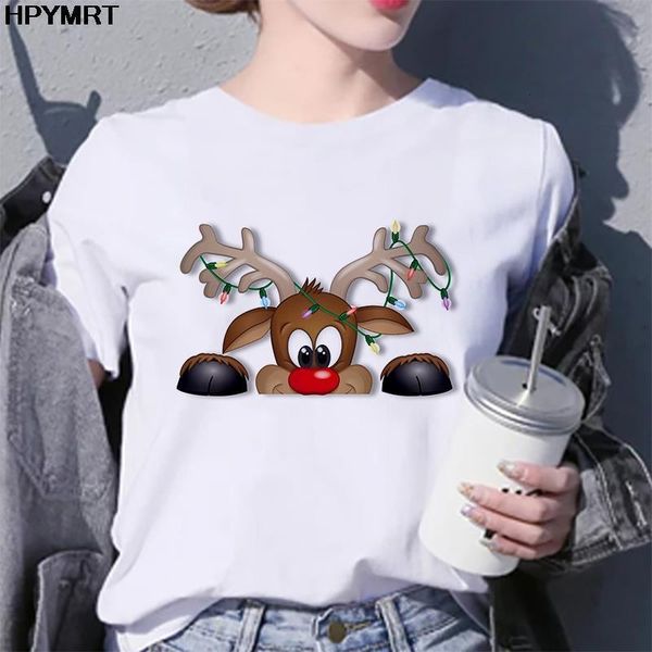 

cute reindeer printed t shirt women 2021 new short sleeve merry christmas t-shirt female white tee shirt harajuku clothing