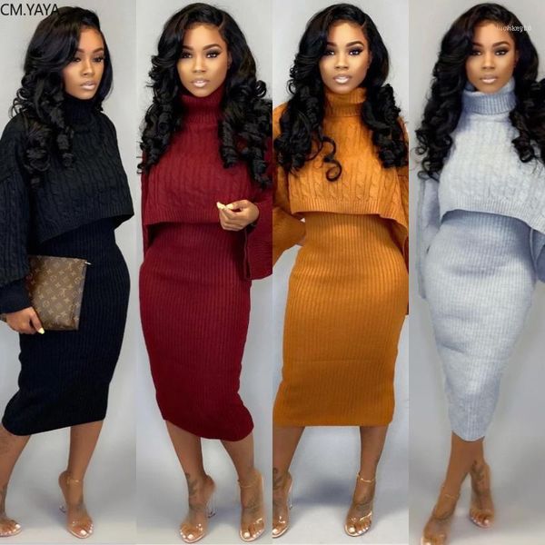 

2019 new autumn winter women's set tracksuits turtleneck long sleeve sweater + mid calf dress bodycon outfits dresses a627311, White
