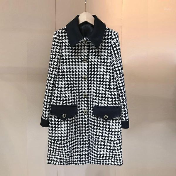 

euroepan fashion style vintage houndstooth coats for women 2020 autumn wintern long tweed jackets1, Black