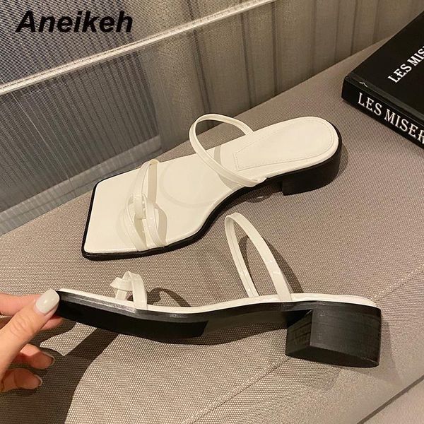

aneikeh summer women shoes 2021 new square toe slippers low heels slides outside solid concise casual black size 35-39 home