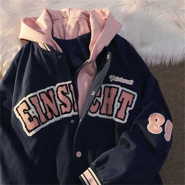 

trendy fashion letter printing embroidered baseball uniform female couple retro harajuku loose american street jacket women 220118, Black;brown