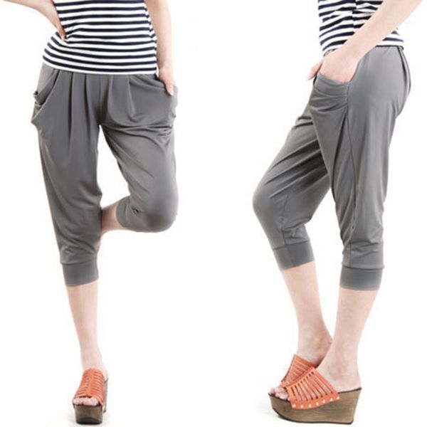 

women summer casual cropped trousers pant elastic waist ice silk harem pants large size1, Black;white
