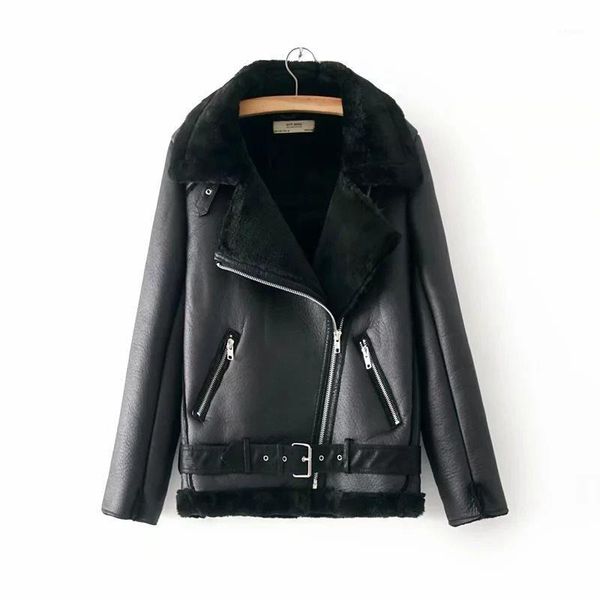 

faux leather coat women winter thick cotton coat belt leather jacket motorcycle velvet jacket female lapel short outwear1, Black