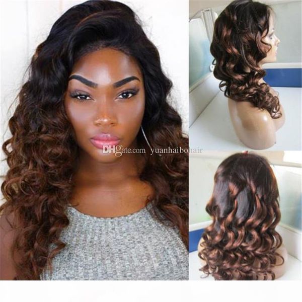 

glueless full lace wig loose curl body wave brazilian human hair ombre color #b 4 front lace wig for black women ing, Black;brown